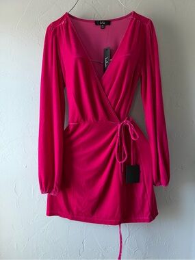 Lulu's Vibrant Fuchsia Wrap-Style Long Sleeve Mini Dress